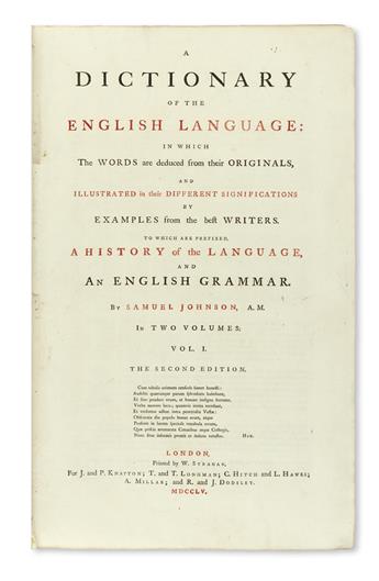 JOHNSON, SAMUEL. A Dictionary of the English Language . . . Second Edition.  2 vols.  1755-56